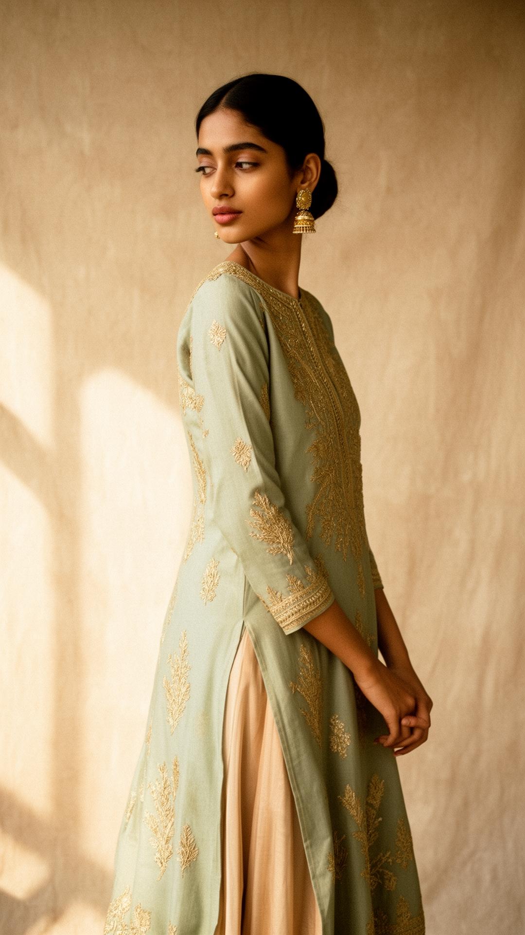 Woman in a sage green hand-embroidered kurta